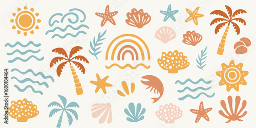 Boho beach collection with palm trees sun waves starfish shells coral and rainbow