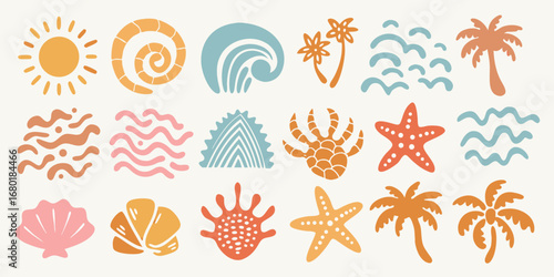 Collection of stylized tropical beach and ocean elements including sun seashells palm trees waves and starfish