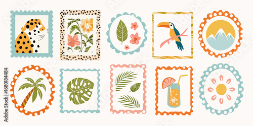 Collection of ten colorful flat design postage stamps featuring tropical motifs and nature elements