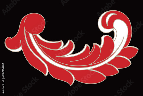 Elegant red and cream decorative scroll motif with an ornate flowing design element on white.