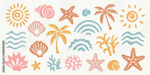 A charming collection of flat design beach elements including suns seashells palm trees coral and waves in pastel colors
