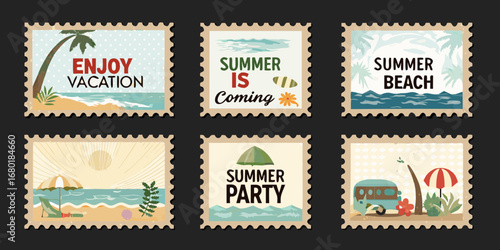 Collection of six vintage style postage stamps featuring summer beach vacation and party themes