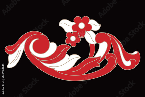 A beautiful red floral ornament features elegant swirling leaves and blooming flowers.