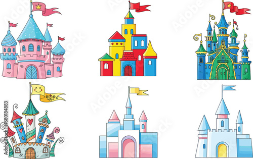 Colorful fairytale castles collection, whimsical fantasy palace illustrations, children’s storybook art, medieval architecture design, magical kingdom clipart, enchanted fortress vector set