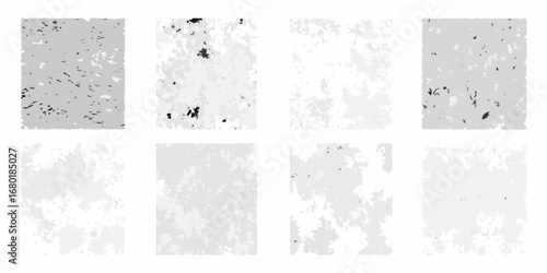 Eight abstract grayscale textured backgrounds with speckled and mottled patterns