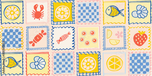 Whimsical hand drawn food and nature elements in colorful square patches