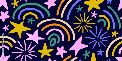 Whimsical doodle pattern featuring colorful stars and rainbows on a dark blue background