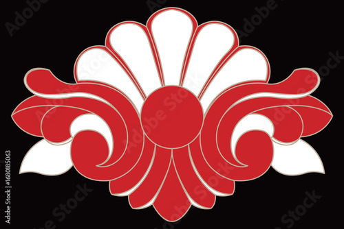 A decorative red and cream symmetrical flourish design with ornate floral shapes.