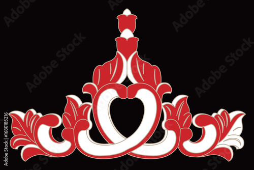 Red and white ornate ornament features a symmetrical elegant floral design.