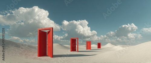 Red doors in a white desert landscape under a cloudy sky