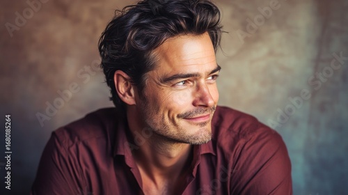 Handsome man with dark hair and a maroon shirt looking off to the side with a slight smile on his face portrait