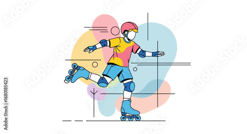 vector illustration of a person roller skating with protective gear, engaging in a recreational activity and showcasing a stylized, modern graphic design with abstract shapes and lines.