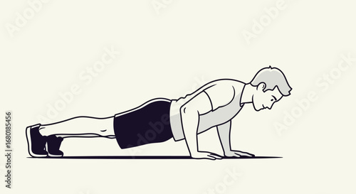 Man performing a push-up exercise in a stylized illustration, focusing on core strength and upper body workout for a healthy lifestyle and fitness routine