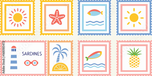 Collection of cute summer themed postage stamps featuring sun starfish fish palm tree lighthouse pineapple and sardines