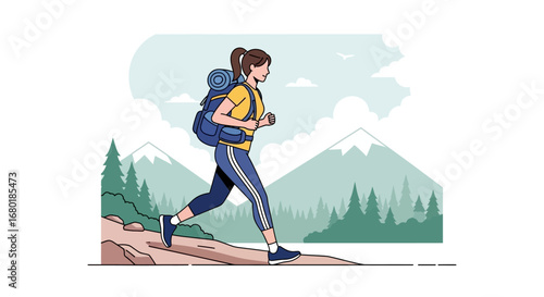 Adventurous woman with backpack on a scenic hiking trail, enjoying a brisk walk amidst mountains and evergreen trees, embracing an active outdoor lifestyle