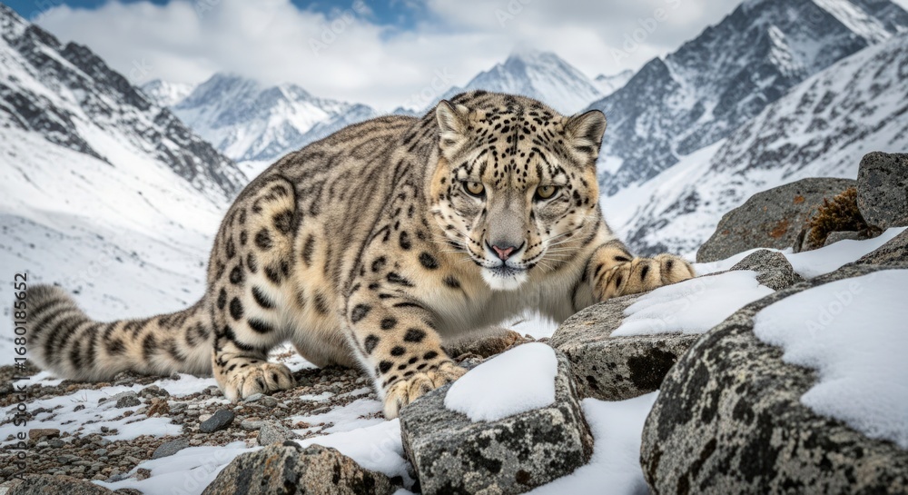 Fototapeta premium Magnificent Snow Leopard Stalking Through Snowy Mountain Terrain