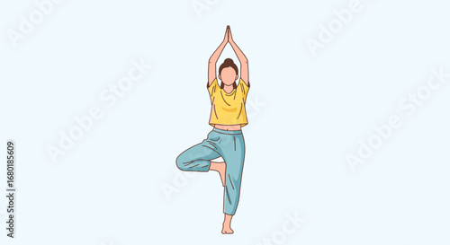 Woman practicing yoga tree pose, balancing on one leg with hands clasped overhead, promoting mindfulness and healthy lifestyle