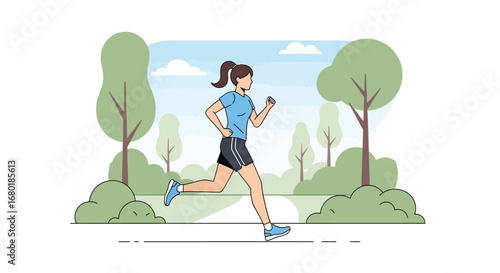 Fit Woman Jogging in a Park Surrounded by Lush Green Trees and Foliage Under a Clear Blue Sky with Wispy Clouds