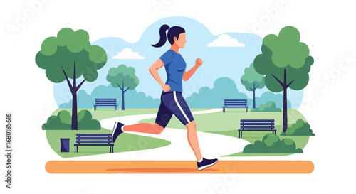 Woman jogging in a park during the day, enjoying a healthy lifestyle and outdoor activity with trees and benches in the background