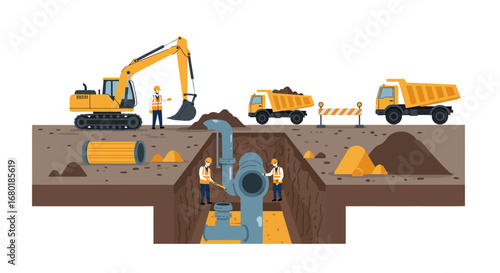 Construction Site with Excavator and Workers Installing Pipes.