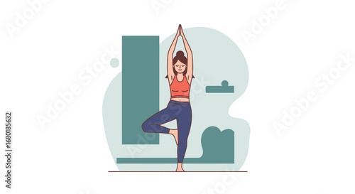 Woman practicing yoga in tree pose, Vrikshasana, in a calm and centered way, promoting balance and mindfulness, perfect for wellness and healthy lifestyle content