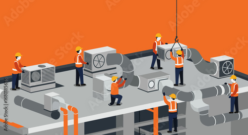 HVAC Technicians Installing Air Conditioning Units on Rooftop.