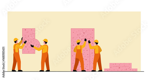 Construction Workers Installing Pink Insulation Panels on Wall.