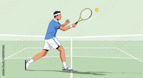 Dynamic tennis player executing a powerful forehand stroke on a vibrant green court, showcasing athletic skill and competitive spirit in a moment of intense sporting action