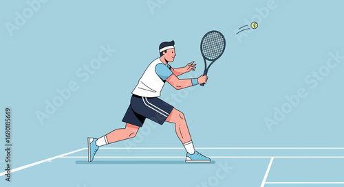 Professional tennis player in action during a match, hitting a forehand shot on a blue court with a bright blue background and white lines, illustrating the sport's dynamic movement and athleticism