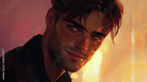 Handsome man with a slight smile looking at the viewer in a digital painting with warm lighting and soft brushstrokes
