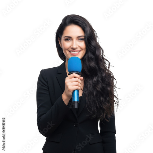 Smiling woman holding a blue microphone isolated on transparent background