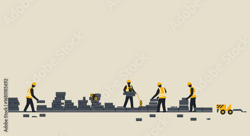 Construction Workers Building a Wall with Bricks.