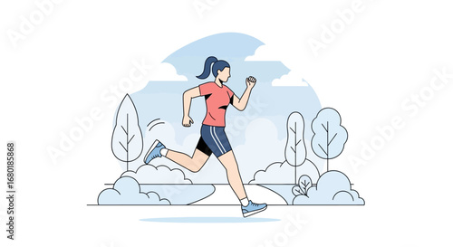 Fit woman running in a park on a clear day, engaging in a healthy lifestyle activity amidst serene natural surroundings and scenic landscape, promoting fitness and well-being