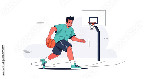 A vibrant illustration captures a dynamic young man dribbling a basketball on a court, showcasing athletic skill and a passion for the game
