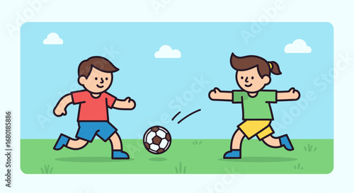 Two children playing soccer on a grassy field with a blue sky and fluffy clouds, enjoying a fun outdoor game of football on a sunny day, symbolizing active lifestyle and recreation for kids