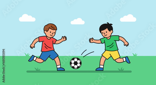 Two young boys enthusiastically playing football on a sunny day in a grassy field, dribbling and kicking the ball between them, capturing the joy of outdoor sport and childhood recreation