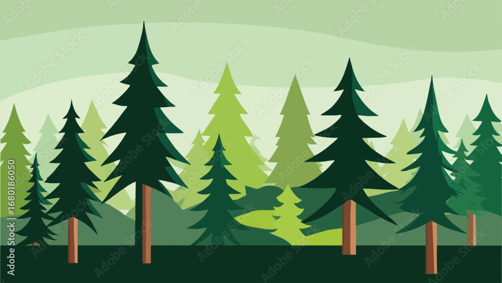 Obraz premium Stylized forest landscape with evergreen trees and rolling hills in shades of green