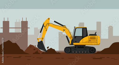 Yellow Excavator Digging Earth at Construction Site.