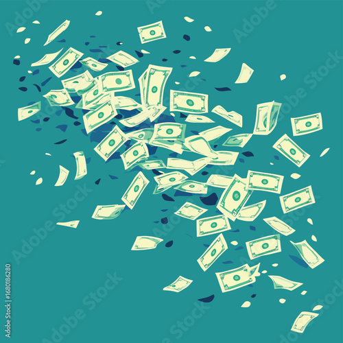 Flying money. Symbolizing financial loss, missed opportunities, inflation, financial success, rapid transactions, and economic movement, vector style simple color