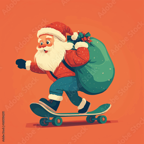 Fun and playful vector illustration of Santa Claus riding a skateboard while carrying a green sack of gifts. The empty space on the right is excellent for copy or text overlays