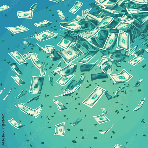 Flying money. Symbolizing financial loss, missed opportunities, inflation, financial success, rapid transactions, and economic movement, vector style simple color