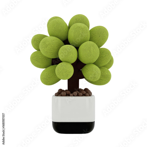 A stylized green textured tree in a white and black pot with brown soil and pebbles