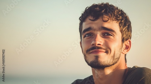 Young man with a thoughtful expression looking up towards the sky with a hopeful and optimistic attitude outside