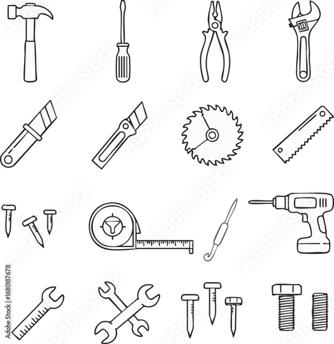 An essential collection of hand tools and power tools, depicted in a clean line art style, ideal for construction, repair, and DIY projects.