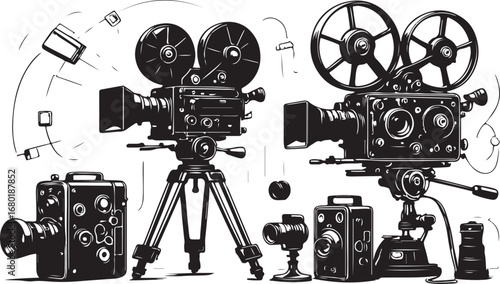 Collection of vintage film cameras and accessories in black and white capturing the essence of classic cinema