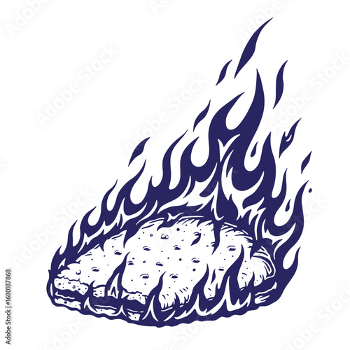 Burning food illustration showing a hot dish with stylized flames for culinary concepts