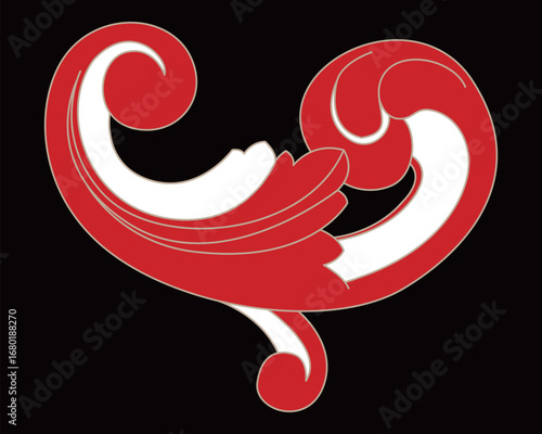 A vibrant red and white ornate design features elegant curling lines and a graceful shape.