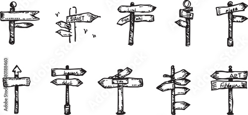 Directional Signs Vector Illustration Collection with Various Arrow Designs for Wayfinding and Destination Guidance in Sketch Style