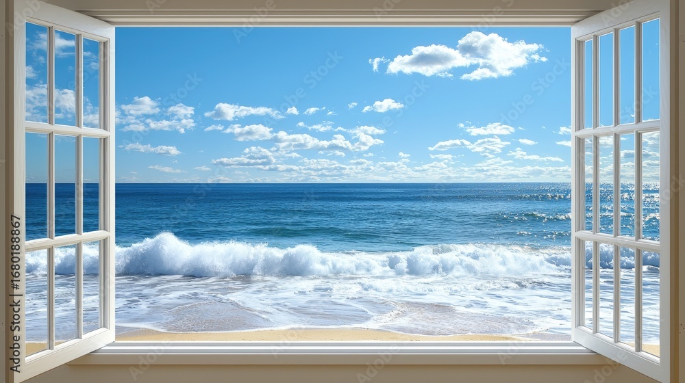 Fototapeta premium A clear window view of the ocean waves crashing on a sandy beach under a bright blue sky.