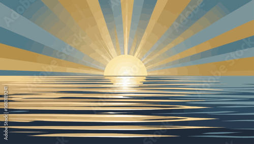 Radiant sunrise over water with rays of light vector illustration for digital use